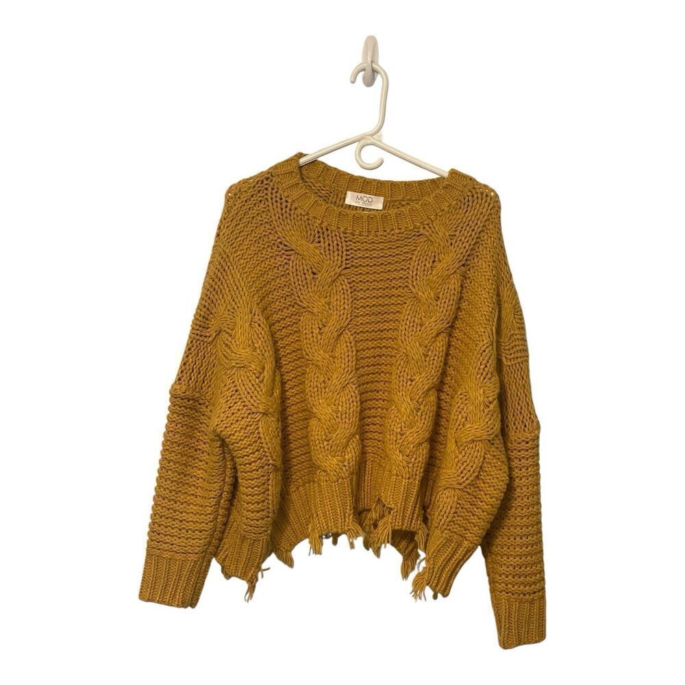 MOD Womens Oversized Cable-Knit Yellow Cropped Knit Sweater Fringe One Size